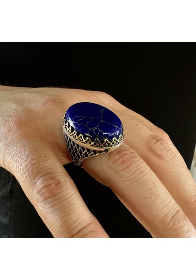 925 Ayar Gümüş Büyük Kasa Oval Lapis Lazuli Taşlı Erkek Yüzük Gümüş