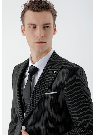 Morven Erkek Siyah Poliviskon Trend Yelekli Çizgili Desen Slim Fit Sivri Yaka Takım Elbise Siyah Morven Erkek Siyah Poliviskon Trend Yelekli Çizgili Desen Slim Fit Sivri Yaka Takım Elbise Siyah