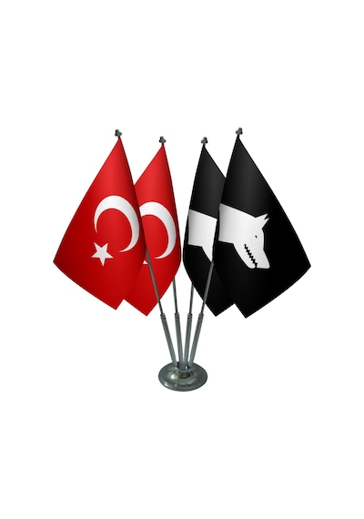 Masa Üstü Siyah Göktürk Bayrağı Türk Bayrağı Dörtlü Krom Direk Ma