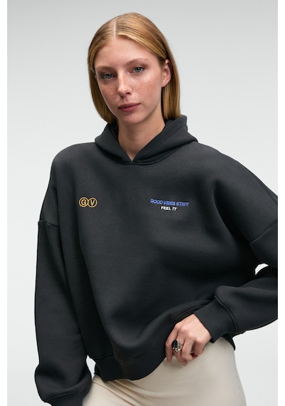 Grımelange Luxe Kadın Renk Nakışlı Ve Arkası Baskı Detaylı Kapüşonlu Antrasit Sweatshirt Antrasit