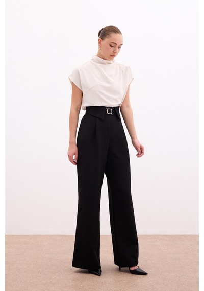 Sateen Bel Detaylı Geniş Paça Pantolon - Siyah