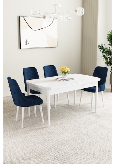 Mabel Beyaz 80x132 Açılabilir Yemek Odası Takımı 4 Adet Sandalye Krem