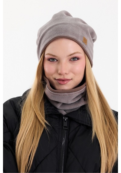 Butikgiz Kadın Dış Kısım Polar, İç Kısım Kaşkorse Pamuklu, Çift Renk, Çift Kat, Katlanabilir Bere Boyunluk Set Gri-kahverengi