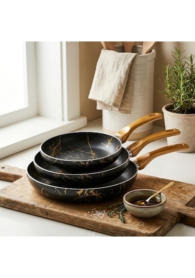 Desert 3&apos Lü Maxi Tava Seti Siyah Gold İzmir - 20/24/28 Cm Yanmaz Yapışmaz Granit Efektli Çeyizlik Kızartma Tavası Açık Bakır