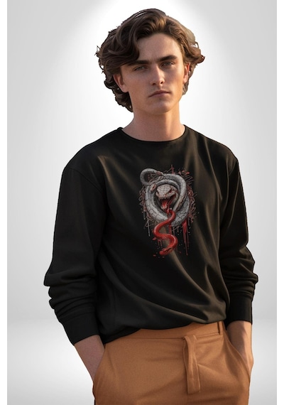 Beyaz Ve Kırmızı Yılan Unisex Siyah Baskılı Sweatshirt Siyah