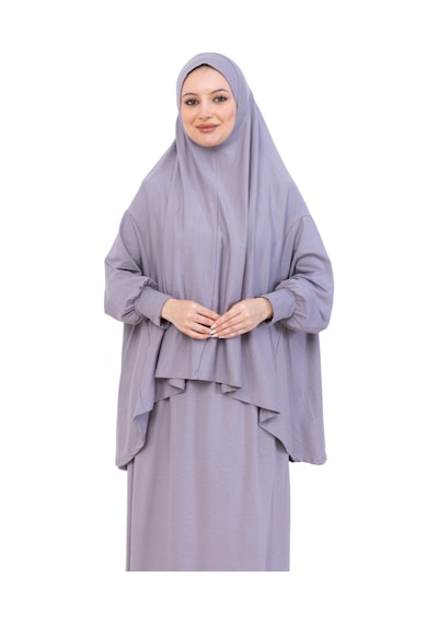 Modish Group İki Parça Namaz Elbisesi Uzun Pamuklu Tesettür Giyim Abaya & Başörtüsü Set Gri