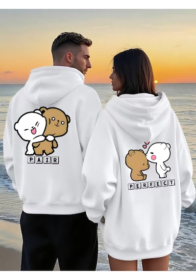 Nevermind Sevgili Kombin Hoodie Çift Sweatshirt Çiftlere Özel Ayıcık Bask Beyaz