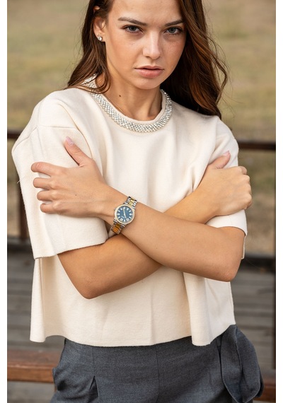 Verdeblanco Taşlı Yaka Basic Bluz Krem Krem
