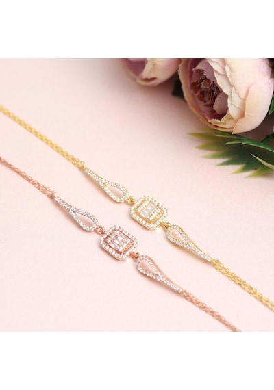 Dörtgen Baget Zarafeti Gold Renk Gümüş Bileklik