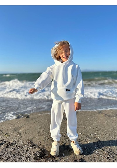 Lolliboomkids Yeni Sezon Petek /waffle Kumaş Oversize Kapüşonlu Alt Üst Eşofman Takımı Beyaz Renk