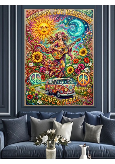 Hippie Love Peace Güneş Karavan Dekoratif Kanvas - Mdf Ahşap Tablo Çok Renkli