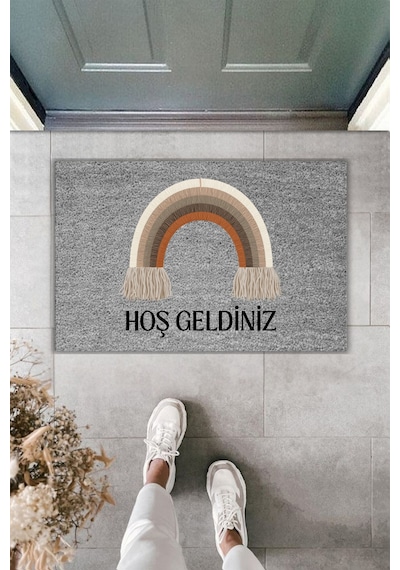 Rugmood Modern Dijital Baskı Paspas - Bohem Hoşgeldiniz Paspas - Kapı Önü Paspası 70x45cm Gri