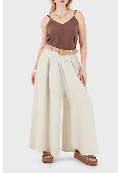 Via Dante Relaxed Fit Yüksek Bel Bol Paça Keten Pantolon Bayan Pantolon 7544 Bej
