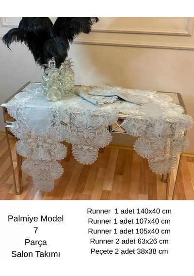 Salon Takımı Palmiye Model Gri Keten Runner Seti 5 Parça Çok Renkli