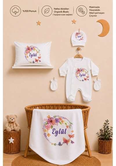 Pia Baby İsme Özel 5 Parça Kız Bebek Hastane Çıkışı Tulum Seti %100 Pamuk Organik Baskılı 2058tybyx Ekru