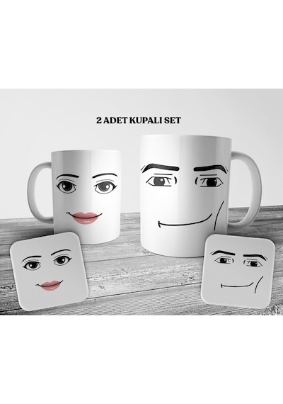 Roblox Man & Woman Face 2 Adet Kupa Bardak Ve Bardak Altlığı Seti Beyaz