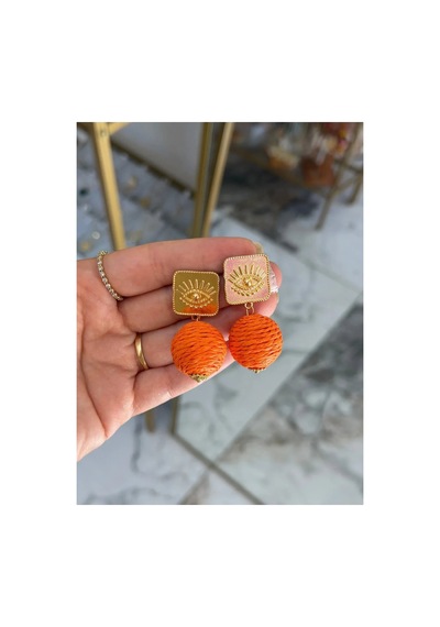 Gold Ve Göz Detaylı Turuncu Hasır Küpe