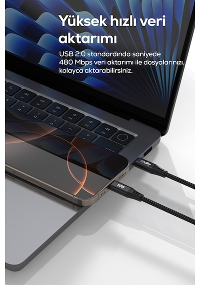 Type-c To Type-c Hızlı Şarj Kablosu 60w Pd, 480mbps, 1.2m, Manyetik Örgü V0201013