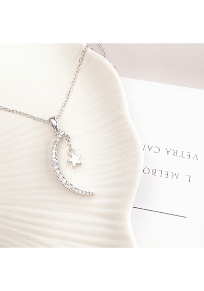 Ay Yıldızlı Kolye Kadın Kolye Zirkon Taşlı 45cm Silver