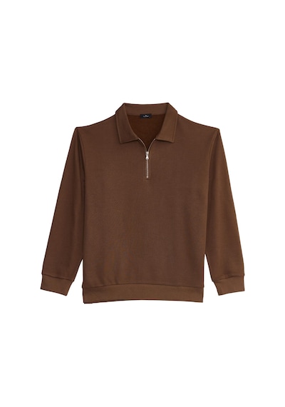 Tudors Erkek Relax Fit Rahat Kesim Pamuklu 3 İplik Fermuarlı Polo Yaka Koyu Vizon Sweatshirt-41822 Koyu Vizon