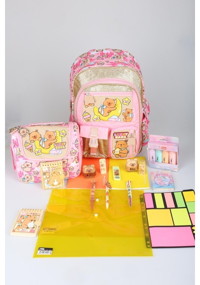 X Dekomus Capybara Golden Dream Collection Kırtasiye Seti Büyük Boy Okul Çantası Ve Beslenme Çantası Altın