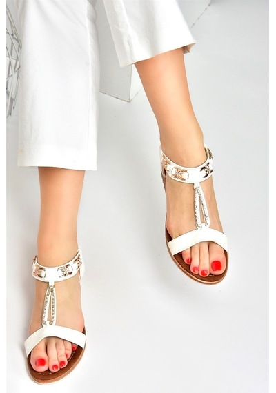Fox Shoes Beyaz Taş Detaylı Günlük Kadın Sandalet M258312209