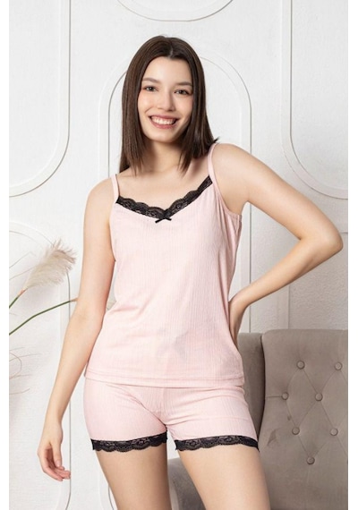 Farya Home Dreamy Dantel Detaylı İp Askılı Şortlu Pegasus Pijama Takımı Pembe