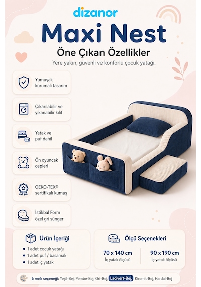 Dizanor Maxi Nest Montessori Çocuk Karyola Yatak Seti Lacivert Fitilli 140 X 200 Dizanor Maxi Nest Montessori Çocuk Karyola Yatak Seti Lacivert Fitilli 140 X 200