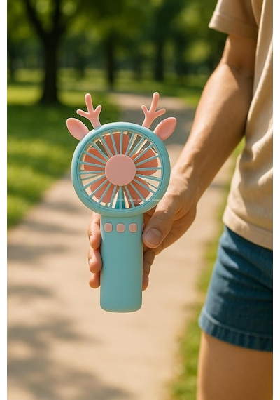 Geyik Boynuzlu Mini El Fanı, 20 Cm Taşınabilir Şarjlı Masaüstü Fan, Tek Kademeli Hız, Kompakt F