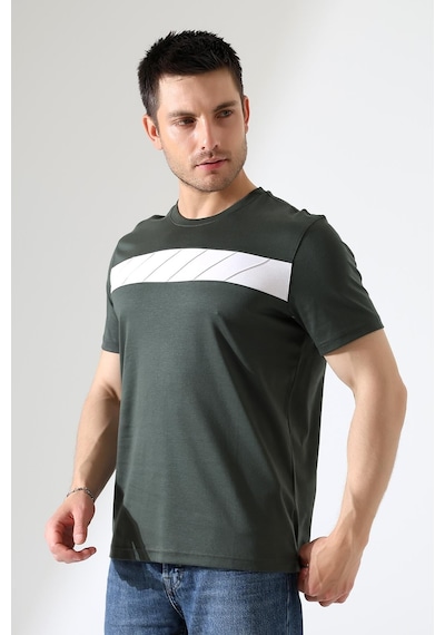 Rıbana Classıc Erkek İki Renk Parçalı Bisiklet Yaka T-shirt - Pamuklu Tişört Haki