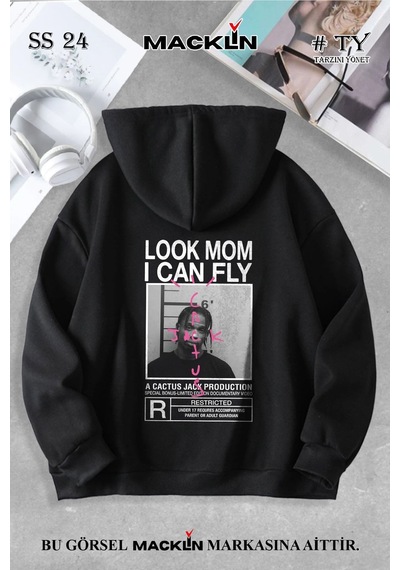 Macklin Unisex Kadın Erkek Cactus Jack Özel Tasarım Baskılı Kapşonlu Sweatshirt Siyah Mck1133 Siyah