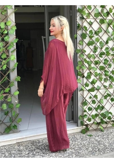 Bohem Stil İtalyan Yarasa Kol İpek Bluz & Pantolon Takım-8767 Bordo