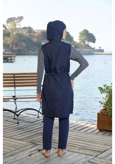 Estiva 25950 Lacivert Marin Fermuarlı Desenli Tam Boy Tesettür Mayo Lacivert
