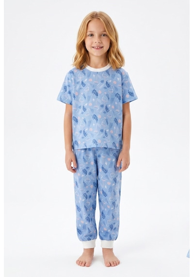 Bunny Hopp Kız Çocuk Pijama Takımı %100 Pamuk Flamingo Desenli Yazlık Kısa Kollu Mavi
