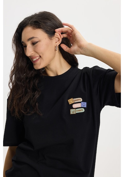 Tudors Kadın Oversize Geniş Kesim Pamuk Bisiklet Yaka Baskılı Siyah Tişört -50388 L