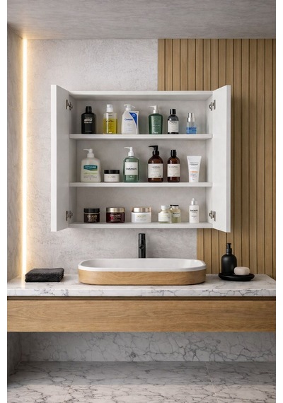 Lavabo Üstü Aynalı Banyo Dolabı Çok Amaçlı Duvar Dolabı Beyaz