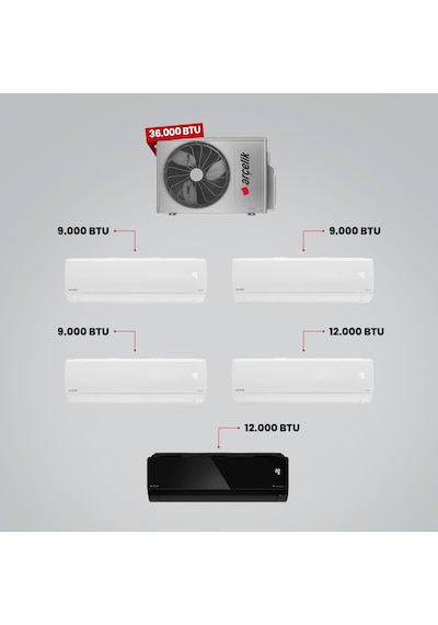 Arçelik 1+5 Multi Sistem 36100 MD Pro Dış Ünite 3 Adet 9 BTU Beyaz + 12 BTU Beyaz + 12 BTU Siyah İç Üniteler Duvar Tipi Klima