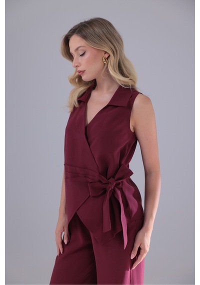 Genel Markalar Yandan Bağlamalı Kruvaze Modal Tencel Kumaş Bluz Gömlek Bordo Bordo