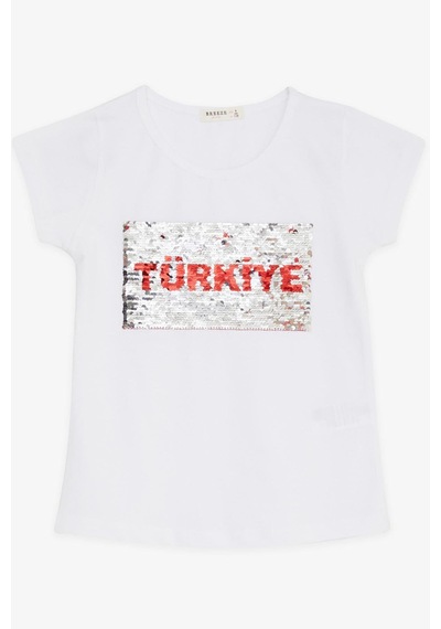 Breeze Çocuk Oynar Pulu Türkiye Bayraklı Tshirt-13372 Beyaz