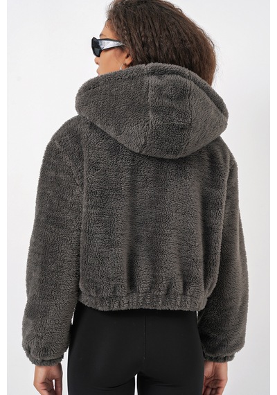 Bigdart 5193 Kapüşonlu Peluş Crop Ceket - Antrasit