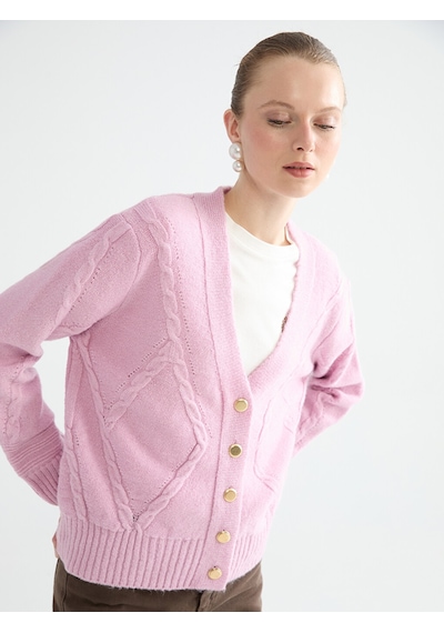 Lcw Comfort Pembe V Yaka Kendinden Desenli Kadın Triko Hırka