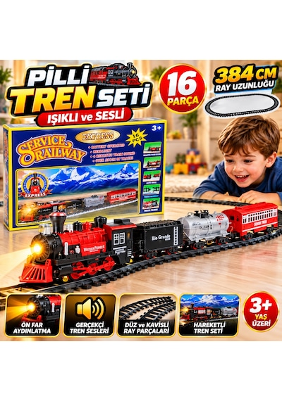 Pilli Tren Seti 16 Parça 384 Cm Raylı Işıklı Ve Sesli Oyuncak Tren Seti