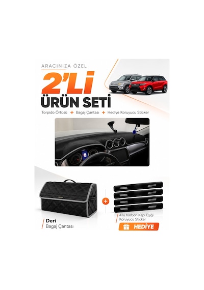 Suzukı Grand Vitara 2013-2025 Uyumlu Torpido Örtüsü + Deri Bagaj Çantası + Sticker - Siyah Gri