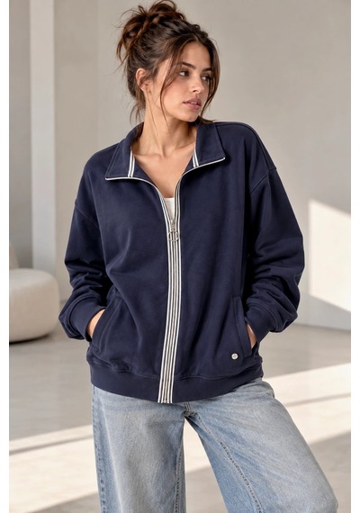 Bb Butik Basic Fermuar Detaylı Dik Yaka Oversize Mevsimlik Sweatshirt Fk3535 Lacivert