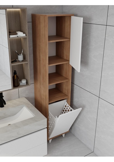 Riva Çamaşır Sepetli Banyo Dolabı Marbellakiraz Renk Meşe - Beyaz