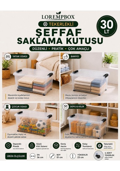Lorempbox 30 Lt Tekerlekli Şeffaf Saklama Kutusu 2'li Set Diğer