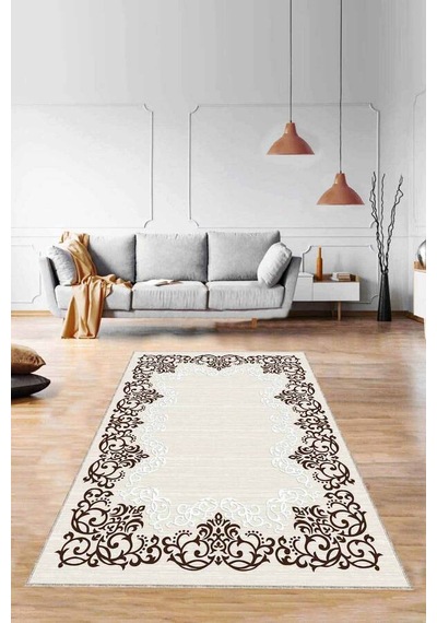 Kahverengi Çerçeveli Kaymaz Tabanlı Dekoratif Halı Mk62n11