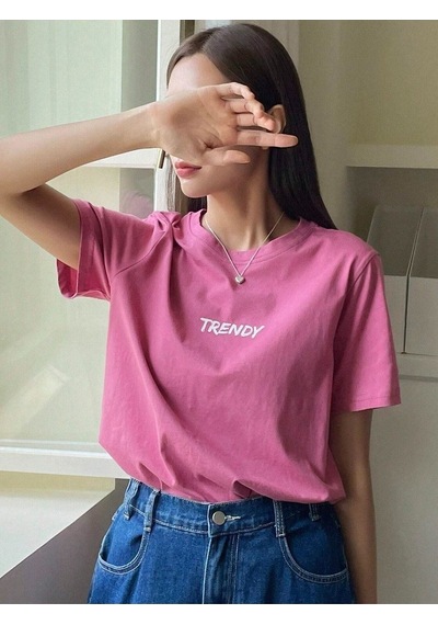 Trendy T-shirt - Pembe Oversize Baskılı Bisiklet Yaka Pembe