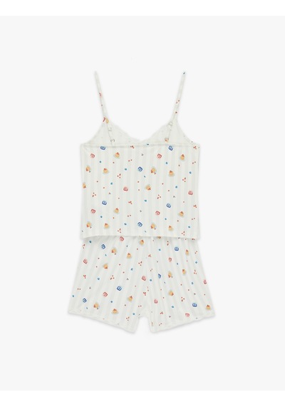 Koton Dantel Detaylı Desenli Şortlu Pijama Takımı Ekru Çizgili 6slk40170mk