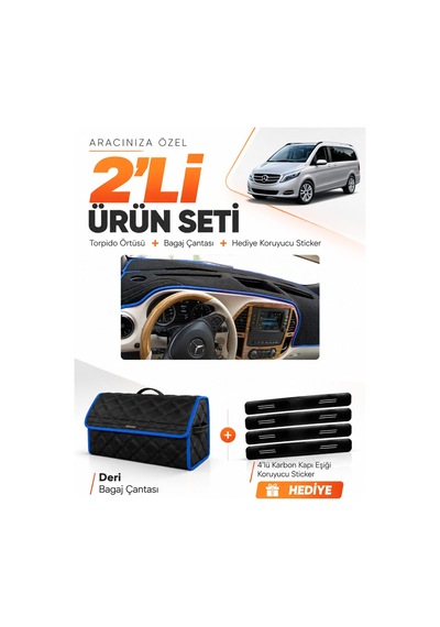Mercedes Viano W447 2014-sonrası Uyumlu Torpido Örtüsü + Deri Bagaj Çantası + Sticker - Siyah Mavi